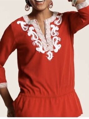 Chico's Red Tunic Blouse with White Embroidered Trim